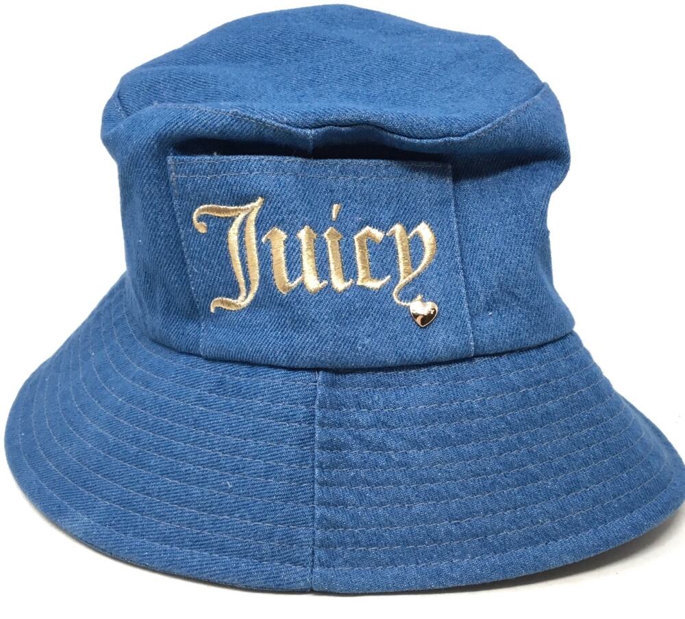 Juicy Couture Denim Y2K Sporty Designer Bucket Hat Gold Heart Charm Detail